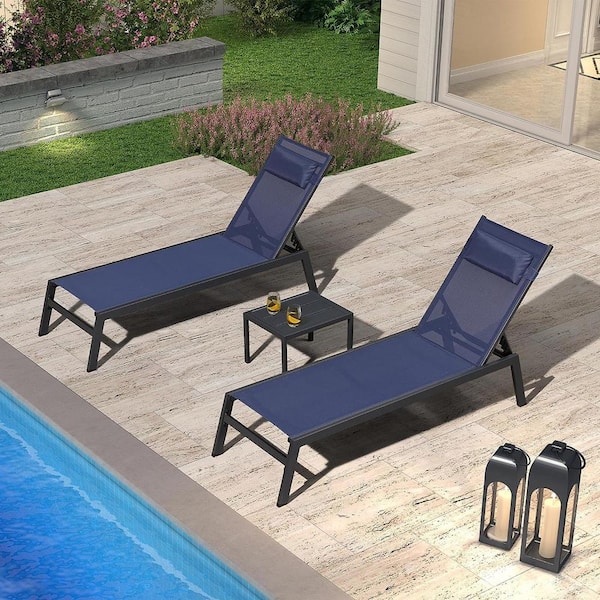 Black Frame Lounge of 3-Pieces Aluminum Outdoor Chaise Lounge with Cushion and Side Table, Navy Blue