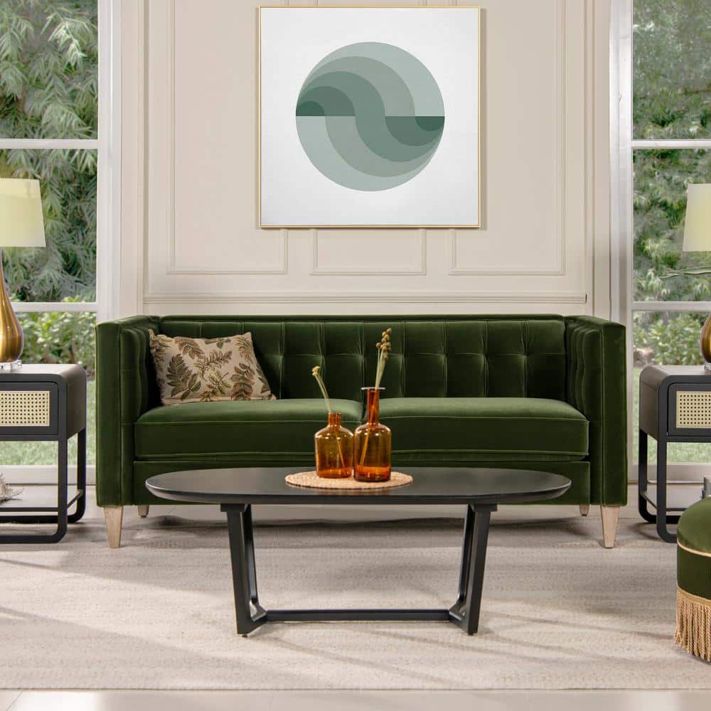 James 74" Olive Green Velvet Tuxedo Sofa with Wood Legs