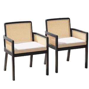 Outdoor Upholstered Black Natural Rattan Accent Lounge Chair with Cushion (Set of 2)