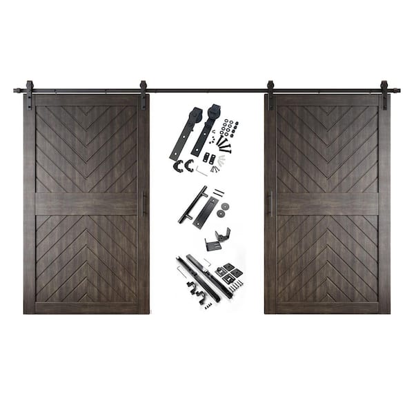 JT4 48 in. x 84 in. C-Panel Ebony Fishbone Design Double Pine Wood Sliding Barn Door with Hardware Kit