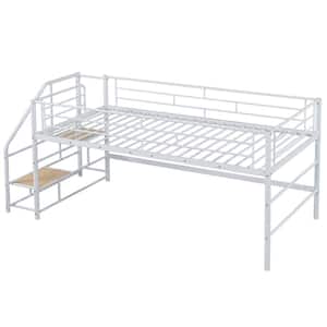 White Twin Size Mid Loft Bed with Storage Stairs