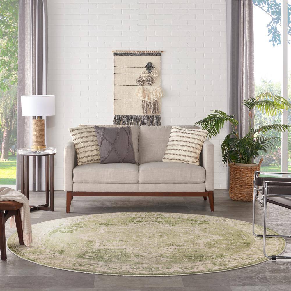 Ivory Green Round Synthetic Medallion Washable Rug 5'3"