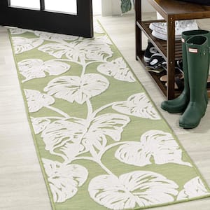 Tobago High-Low Two-Tone Monstera Leaf Light Green/Ivory 2 ft. x 8 ft. Indoor/Outdoor Area Rug