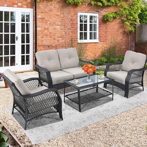 4PCS Wicker Patio Conversation Set Outdoor Rattan Furniture Set w/Tempered Glass Coffee Table and Beige Cushions