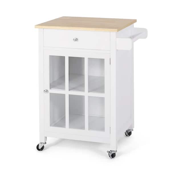 Noble House Lansing White Kitchen Cart with Glass Panel Cabinet