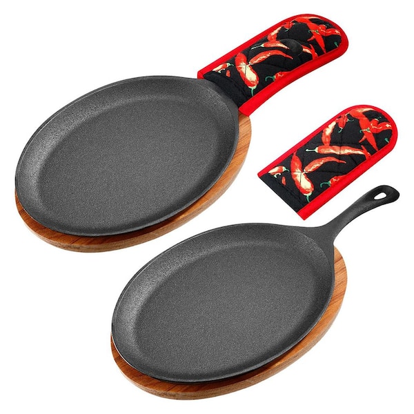 Cast Iron 2-Pack Nonstick Skillet Set with Wooden Trays and Insulated Handle Mitts in Black with Lids