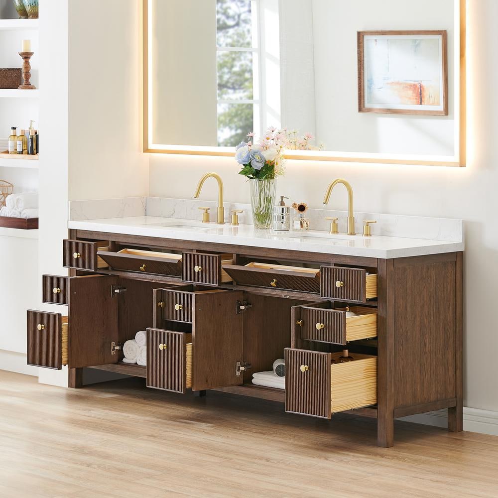 Cerrito 84" Brown Oak Double Vanity with White Stone Top