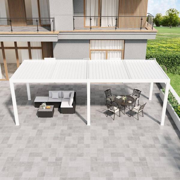 13 ft. x 25 ft. Ivory Aluminum Patio Pergola with Built-In Solar Panel, Ceiling Fan and Round LED Light