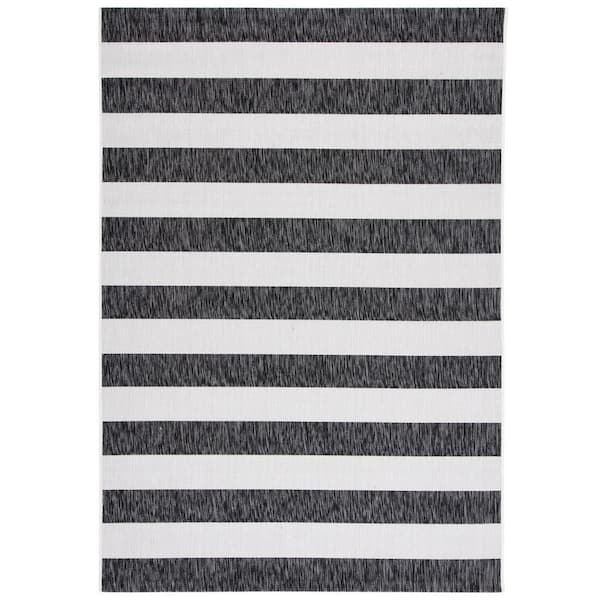 Courtyard 10 ft. x 14 ft. Ivory/Black Striped Indoor/Outdoor Area Rug