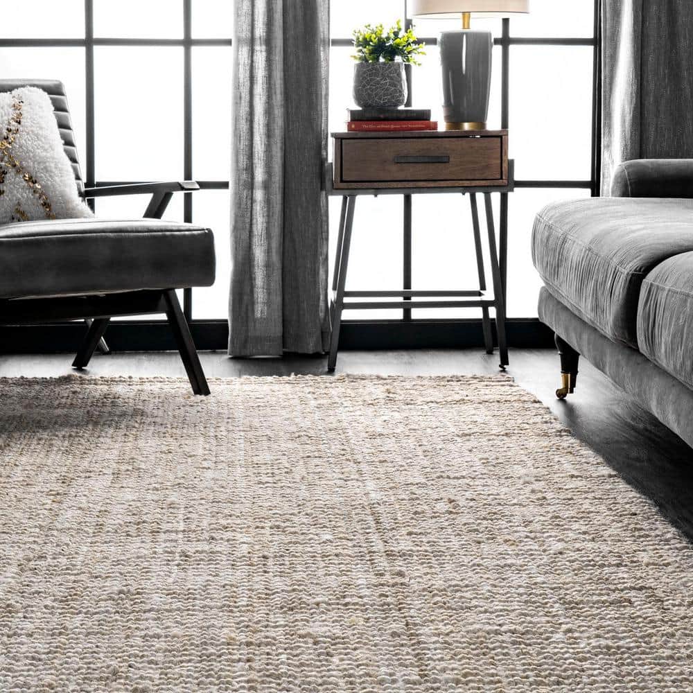 Off White Rectangular Handmade Wool Area Rug 6' x 9'