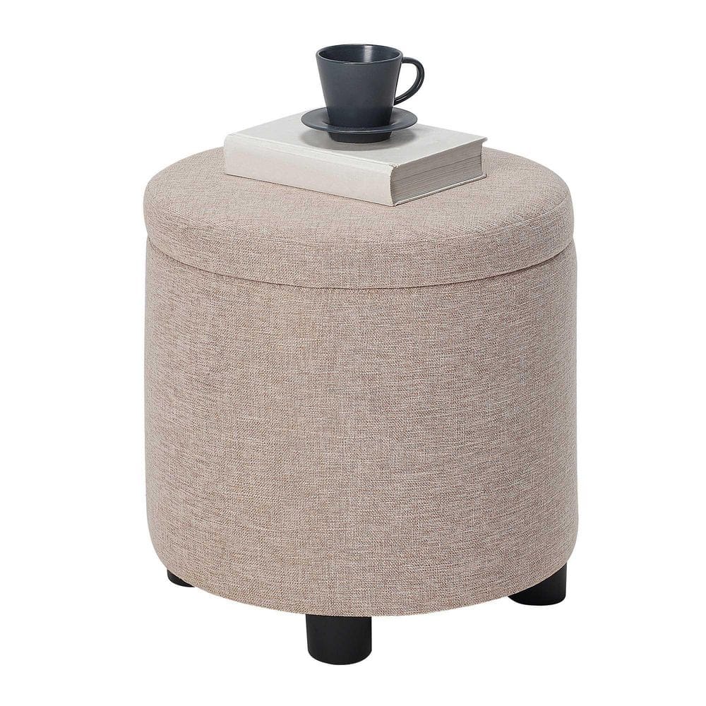 Designs4Comfort 16" Tan Fabric Round Storage Ottoman with Reversible Tray