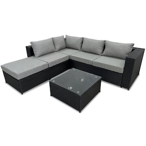 Black 4-Piece Wicker Patio Furniture Sets All Weather Outdoor Sectional Sofa Set with Light Grey Cushions and Table