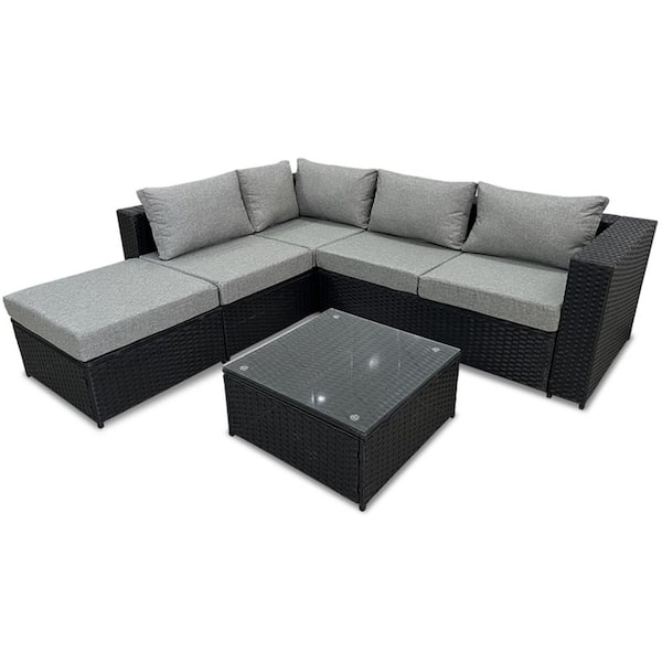 GOOEEN Black 4-Piece Wicker Patio Furniture Sets All Weather Outdoor Sectional Sofa Set with Light Grey Cushions and Table