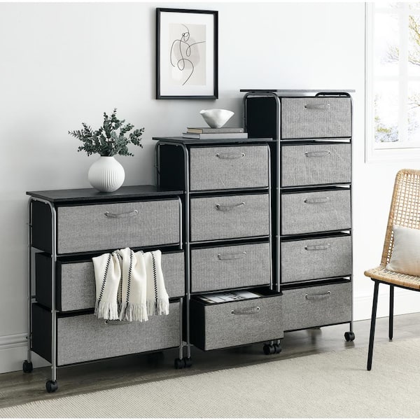 HOMCOM 7 Drawer Dresser Fabric Chest of Drawers 3 Tier Storage Organizer  for Bedroom Entryway Tower Unit with Steel Frame Wooden Top Light Grey