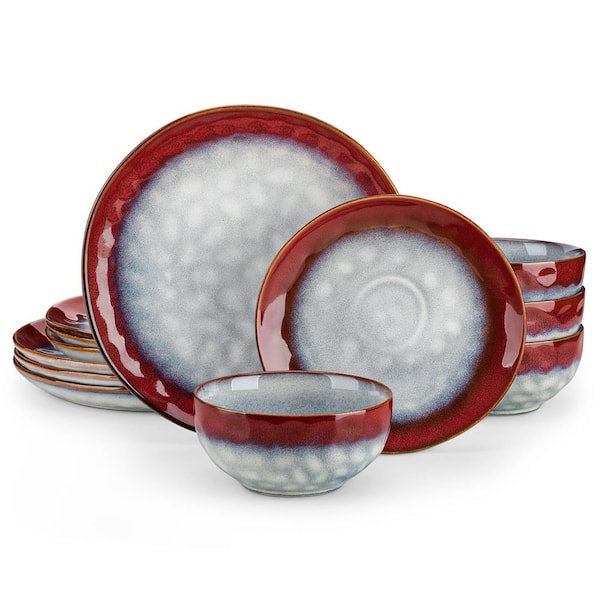 12-Piece Red Stoneware Dinnerware Set Service for 4 Bowls and Plates Set Dinner Plates Dessert Plates and Cereal Bowls