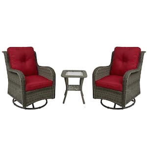 Wicker Rattan Gray Patio Outdoor Rocking Chair Swivel with Red Cushions and Side Table (Set of 2)