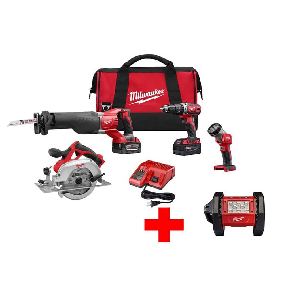 Milwaukee M18 18V Lithium-Ion Cordless Hammer Drill/Sawzall/Circular  SawithLight Combo Kit (4-Tool) with M18 LED Flood Light 2694-24-2361-20  The Home Depot