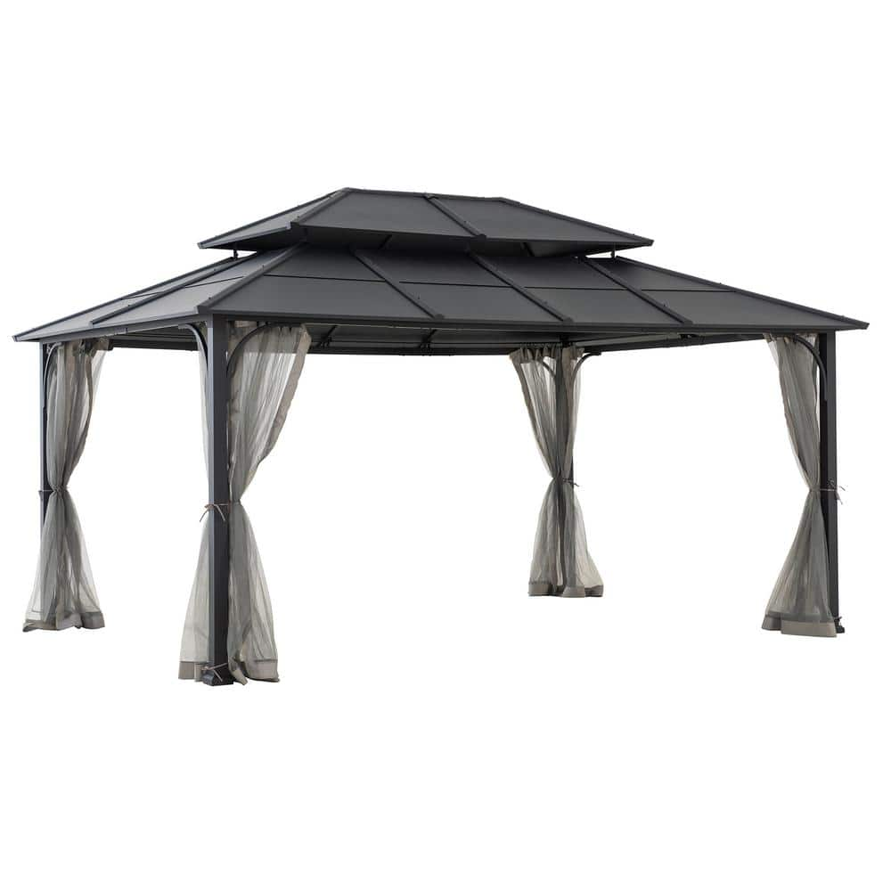 Sunjoy 12 ft. x 16 ft. Black Steel Gazebo with 2-tier Hip Roof Hardtop ...