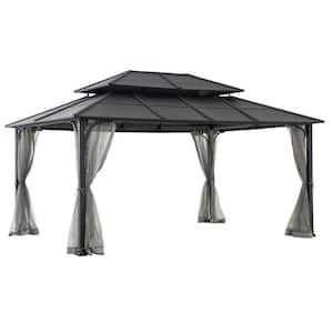 12 ft. x 16 ft. Black Steel Gazebo with 2-tier Hip Roof Hardtop and Ceiling Hook and Removable Netting Sidewalls