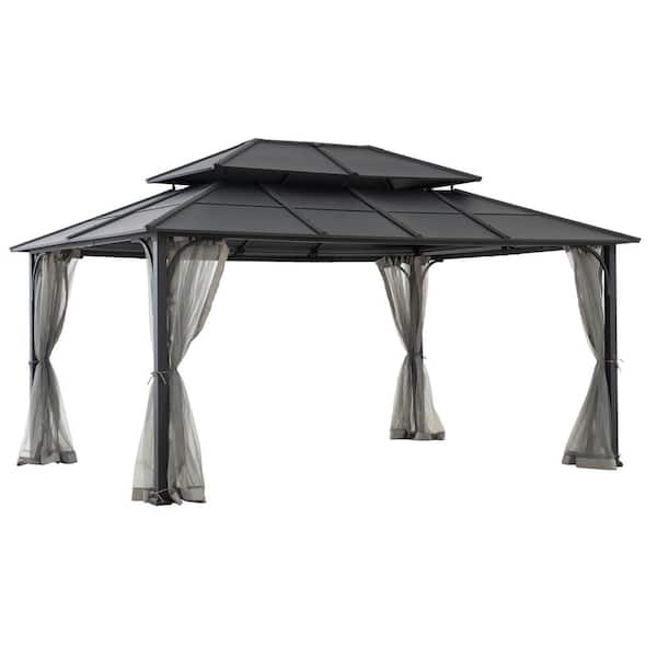 Sunjoy 12 ft. x 16 ft. Black Steel Gazebo with 2-tier Hip Roof Hardtop and Ceiling Hook and Removable Netting Sidewalls