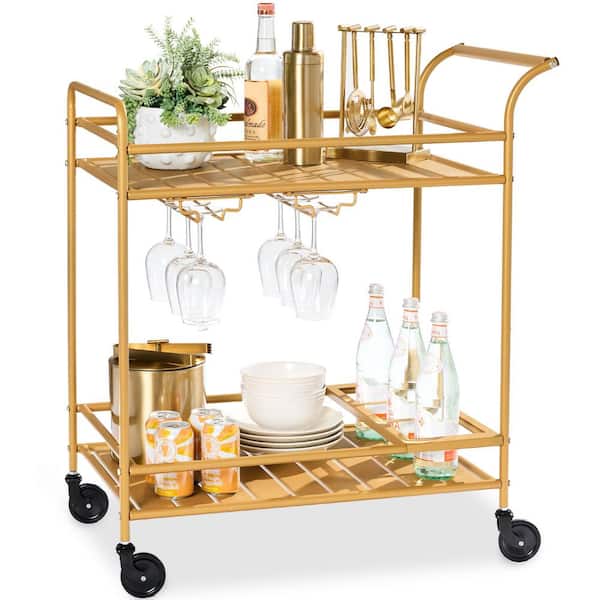 2-Tier Gold Outdoor/Indoor Metal Bar Serving Cart with Storage Shelves and Lockable Wheels