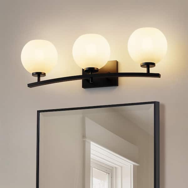 YANSUN 25 in. 3-Light Black Vanity Light with Globe White Glass Shades for Bathroom, Mirror, Powder Room