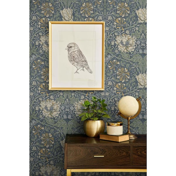 Blue Lake and French Vanilla Ogee Flora Unpasted Nonwoven Paper Wallpaper Roll 57.5 sq. ft.