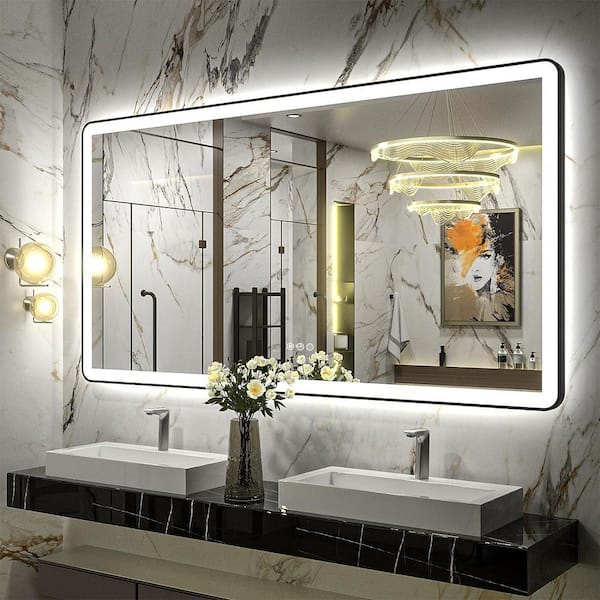 55 in. W x 30 in. H Rectangular Framed Front & Back LED Lighted Anti-Fog Wall Bathroom Vanity Mirror in Tempered Glass