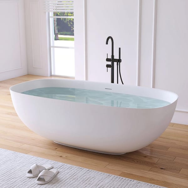 67 in. x 33.5 in. Stone Resin Solid Surface Flatbottom Freestanding Soaking Bathtub in White