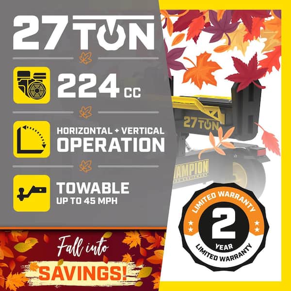 27 Ton 224cc Full Beam Vertical/Horizontal Op and Auto Return Gas Wood Log Splitter with Oil Funnel and Hydraulic Oil