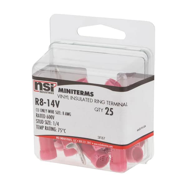 NSi Industries 8 AWG Vinyl Insulated Ring Terminal 1/4 Stud, Red (25-Pack)  R8-14V - The Home Depot