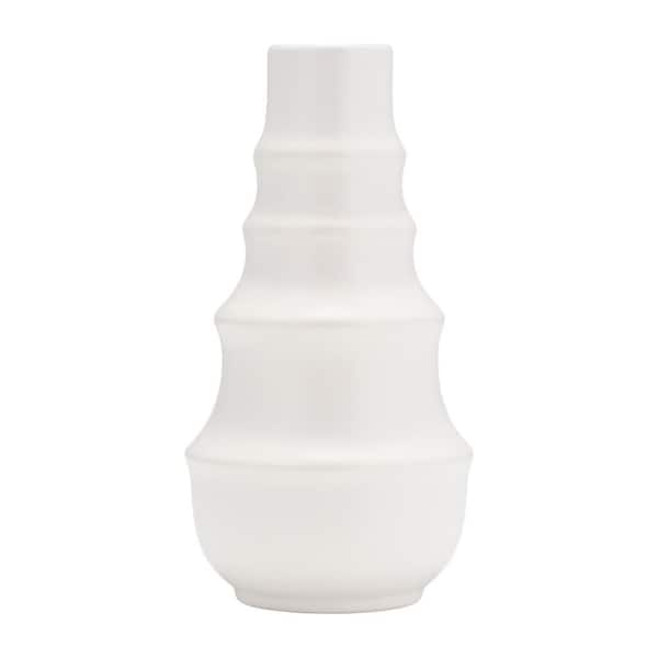 Liv & Skye 11 in. White Stoneware Round Ring Pattern Decorative Vase