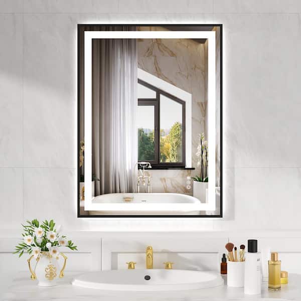 WOODSAM 24 in. W x 32 in. H Rectangular Framed LED Anti-Fog Wall Bathroom Vanity Mirror, Tempered Glass, Backlit & Front Light