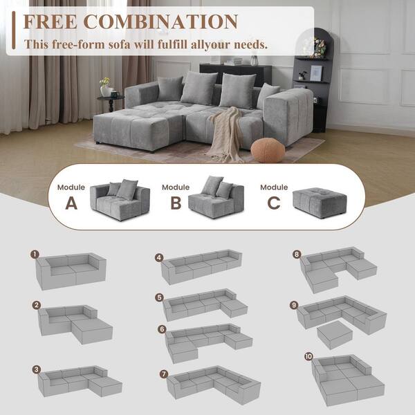 J&E Home 104.8 in. Square Arm 3-Piece Linen L-Shaped Sponge Tufted