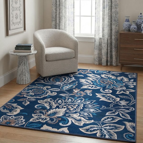 Madison Floral Dark Blue 5 ft. x 7 ft. Indoor Area Rug