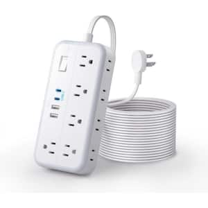 10-Outlet Surge Protector Power Strip with 3 Side, Flat Extension Cord 15 ft. & 4 USB Ports (2 USB C) in White