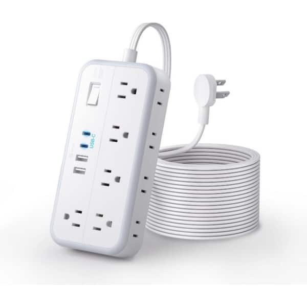 10-Outlet Surge Protector Power Strip with 3 Side, Flat Extension Cord 15 ft. & 4 USB Ports (2 USB C) in White