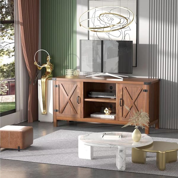 LACOO 58 in. Farmhouse Walnut TV Stand Fits TV's up to 65 in. with Cabinets and Adjustable Shelves