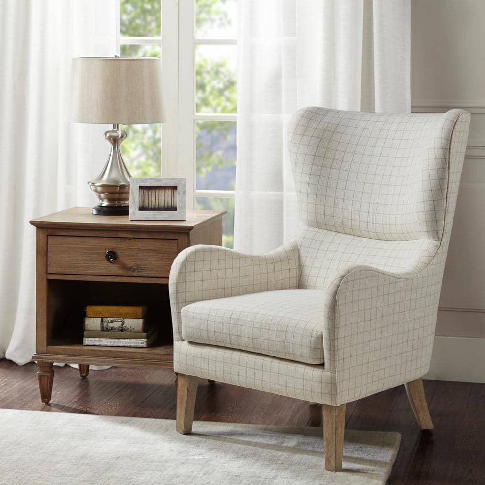 Gray Linen Wingback Accent Chair with Light Wood Legs