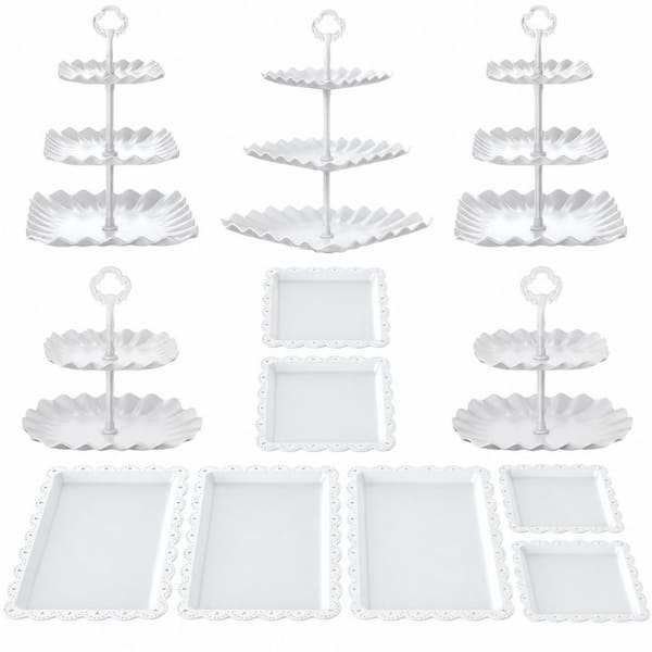 12-Piece White Plastic Dessert Table Display Set with 3-Tier Cup Cake Tower Stands and 2-Tiered Cake Holder