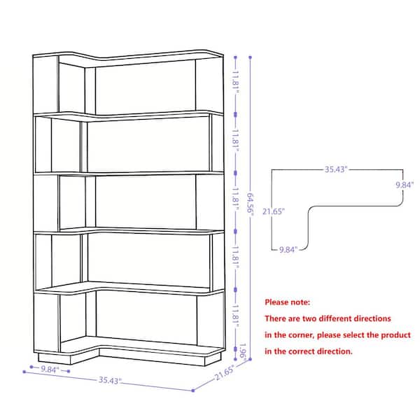 Styx 64.56 in. Tall Dark Oak Wood 5-Tier Freestanding L-Shaped Corner Bookcase For Living Room