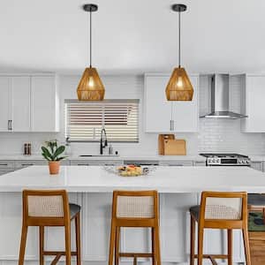 BOHO 8.7 in. 60-Watt 1-Light Black Pendant Light with Rattan Shade (Set of 2)