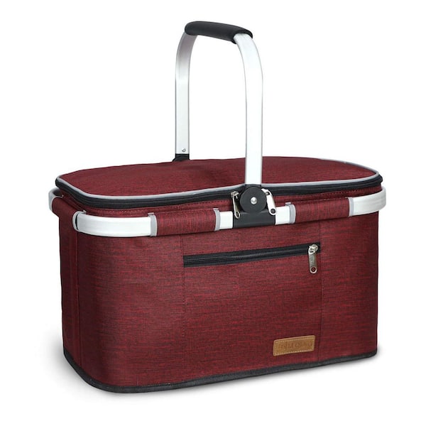 Wine Red 35L Large Oxford Cloth Picnic Basket 2 Layers of Internal Pockets Leak-Proof and Insulated, Folding for Couple