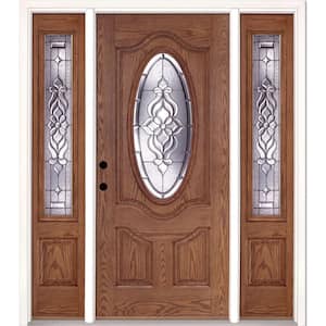 63.5 in.x81.625 in. Lakewood Zinc 3/4 Oval Lite Stained Medium Oak Right-Hand Fiberglass Prehung Front Door w/Sidelites