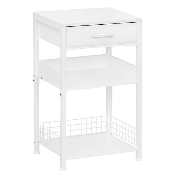 3 Tier White Printer Stand with Fabric Drawer Multi-Functional Modern Small Desk Holder Storage Shelf for Home Office