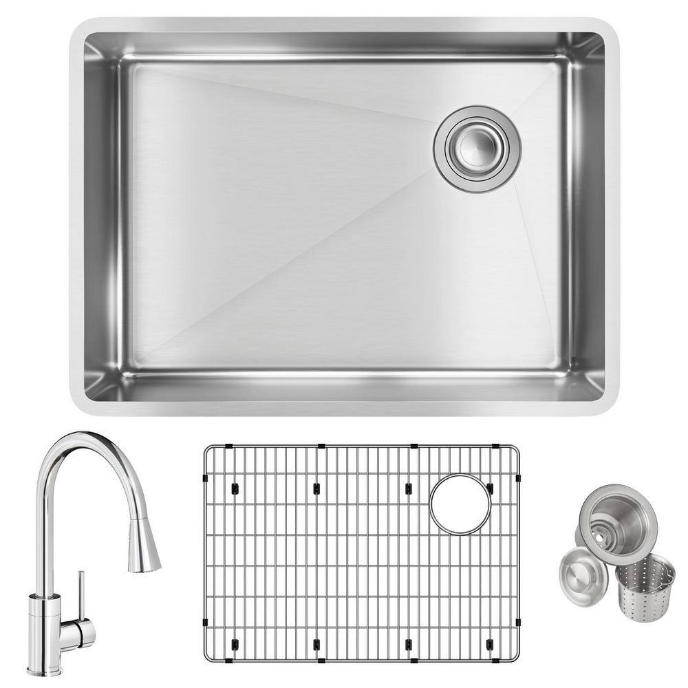 Elkay Crosstown 18-Gauge Stainless Steel 25.5 in. Single Bowl Undermount Kitchen Sink with Faucet Bottom Grid and Drain, Polished Satin -  ECTRU24179RTFBC