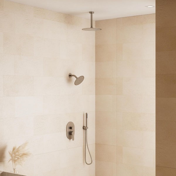 Crozet 3-Spray 10 in. Ceiling Mount Dual Fixed and Handheld Shower Head Shower Faucet 1.8 GPM in Brushed Nickel
