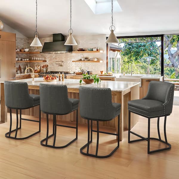 LUE BONA Aurora 26 in. Black Gray Faux Leather Upholstered Counter Height Bar Stool with Double Cushion Bar Stool Set of 4