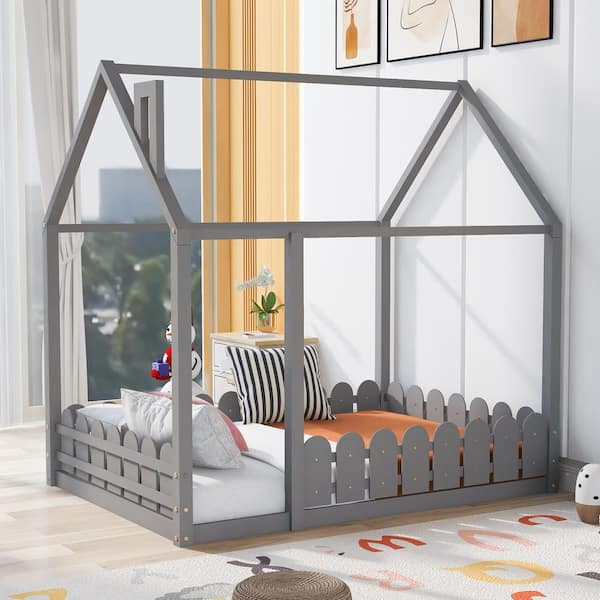 Gray Full Size Wood House Bed with Fence