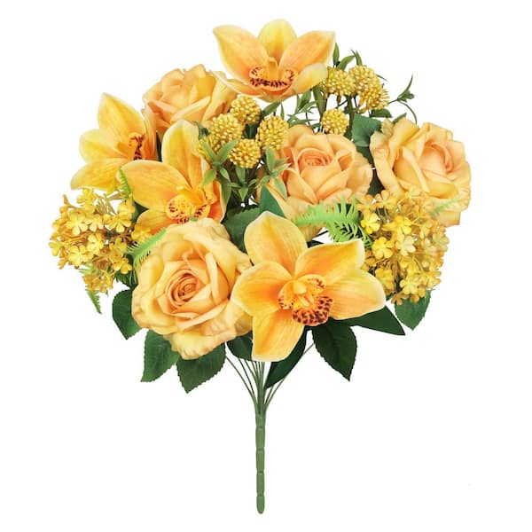 LIVING LUXURY 19 in. Honey Yellow Artificial Mixed Rose Cymbidium Orchid Snowball Flower Stem Bush Bouquet (Set of 2)